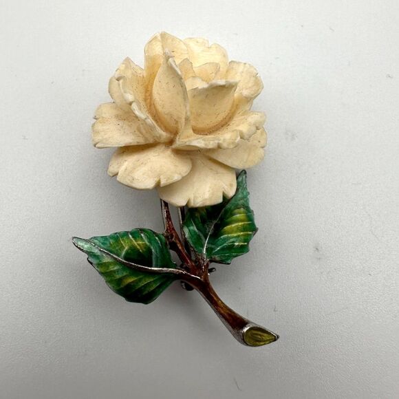 Jewelry - Vintage Carved Bone Rose Silver and Enamel Brooch